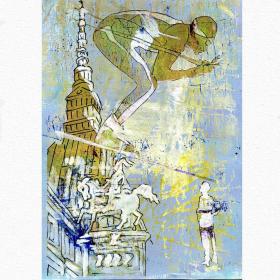 Angelo Rinaldi, Discesa libera,Sognando le Olimpiadi, tecnica mista su cartoncino, 28,5x21, anno 2005, firmato