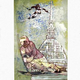 Angelo Rinaldi, Discesa libera,Sognando le Olimpiadi, tecnica mista su cartoncino, 28,5x21, anno 2005, firmato