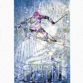 Angelo Rinaldi, Discesa libera,Sognando le Olimpiadi, tecnica mista su cartoncino, 28,5x21, anno 2005, firmato