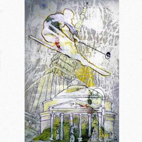 Angelo Rinaldi, Slalom ,Sognando le Olimpiadi, tecnica mista su cartoncino, 28,5x21, anno 2005, firmato