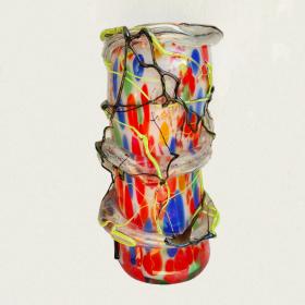 Angelo Rinaldi, Liane, Vaso Scultura  in vetro soffiato di Murano, vetri policromi a rilievo e sommersione di pasta di vetro policroma, h. cm.43x22x20, firmato e datato 1964