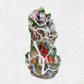 Angelo Rinaldi, Liane, Vaso Scultura in vetro soffiato di Murano, vetri policromi a rilievo e sommersione di pasta di vetro policroma, h. cm.42x27x18, firmato e datato 1965