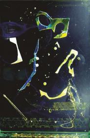  Angelo Rinaldi, Carnevale, scultura in vetro , massello com materiali tecnologici in sommersione, su plinto, luminoso in ferro ruggine, cm.29,4x20,5x7, totale h cm 162,7, 1996